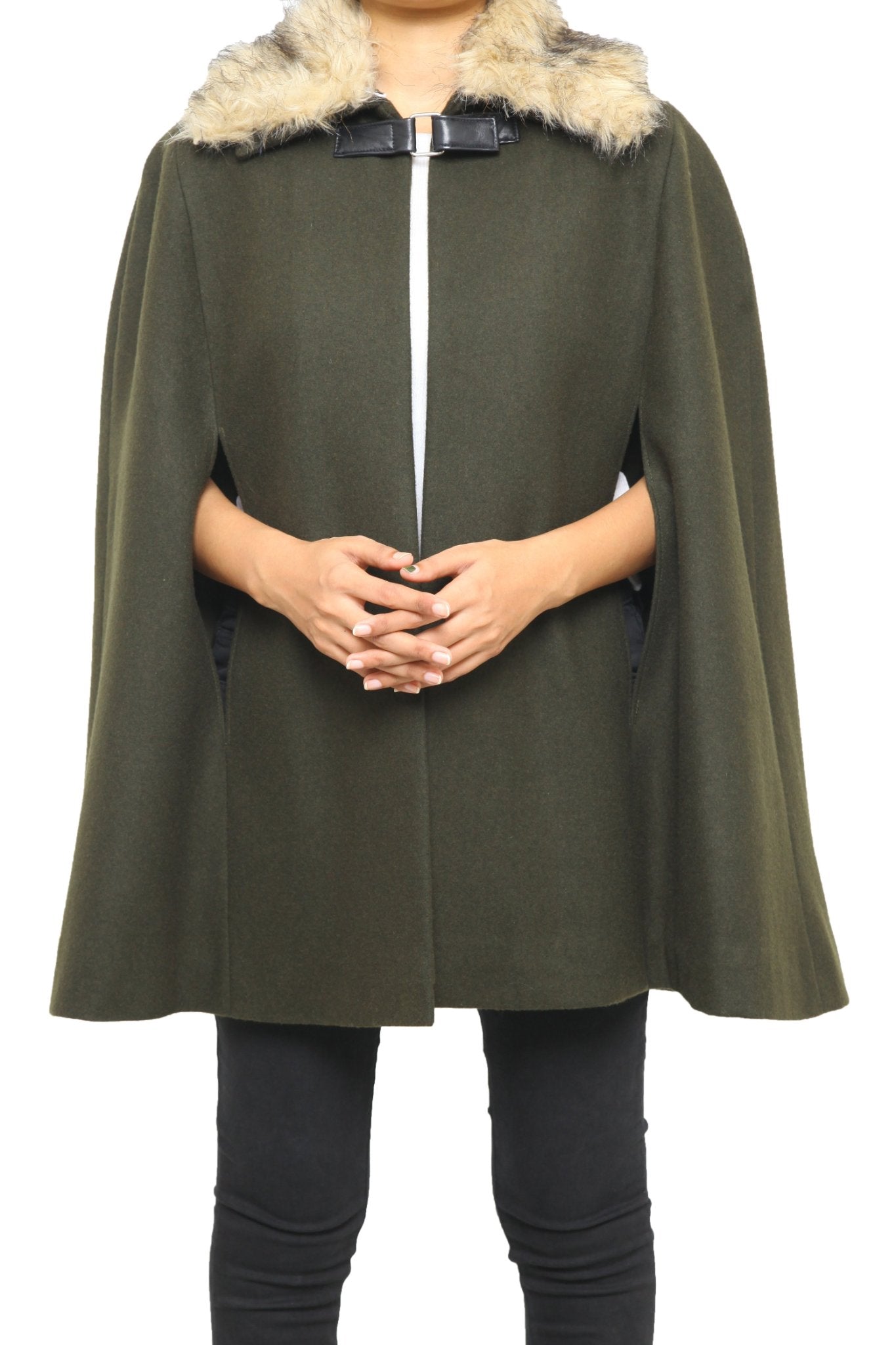 Chic Olive Green Wool Blend Women Cape Coat