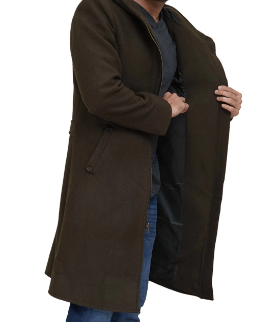 Mens Olive Green Long Wool Coat with Attached Hood