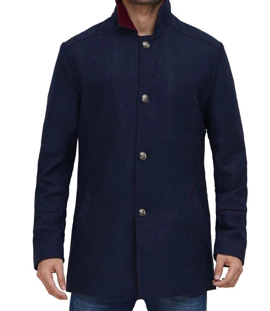 Mens Navy Blue Modern Fit Wool Coat
