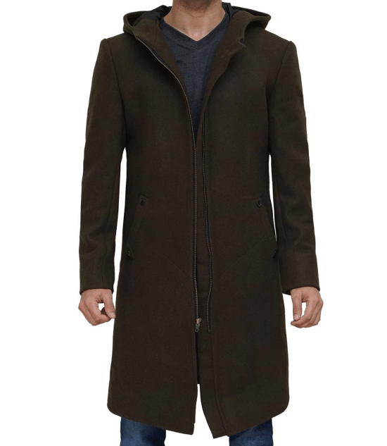Mens Olive Green Long Wool Coat with Attached Hood