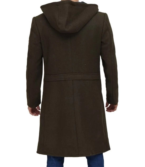 Mens Olive Green Long Wool Coat with Attached Hood
