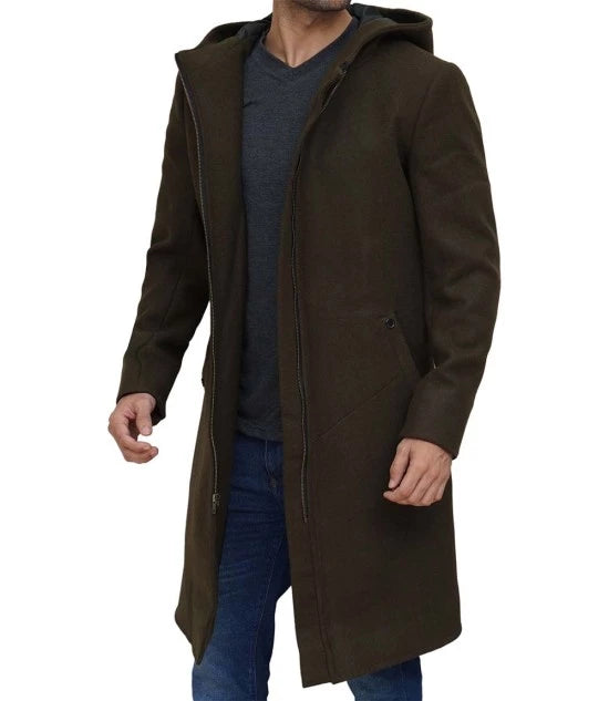 Mens Olive Green Long Wool Coat with Attached Hood