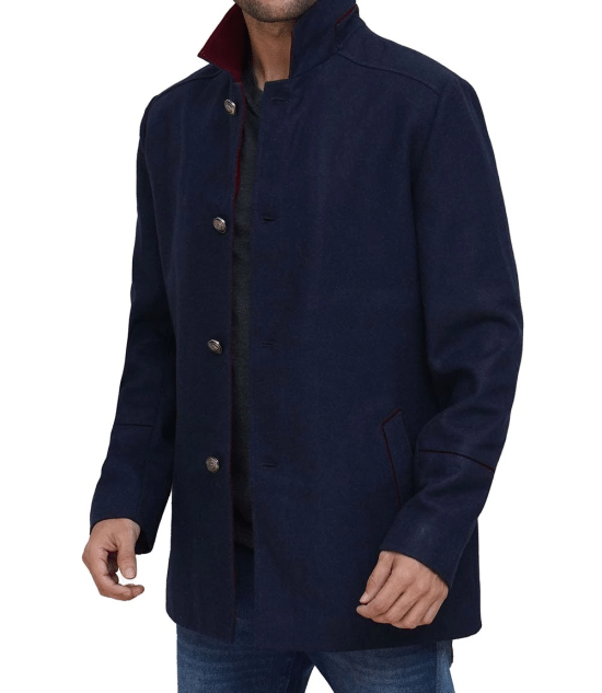 Mens Navy Blue Modern Fit Wool Coat