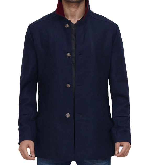 Mens Navy Blue Modern Fit Wool Coat