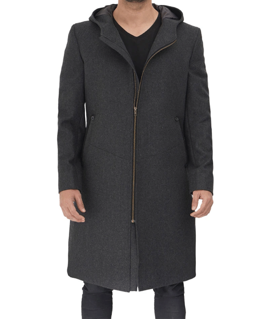 Barry Modern Fit Mens Grey Wool Coat with Hood - Long Winter Outerwear