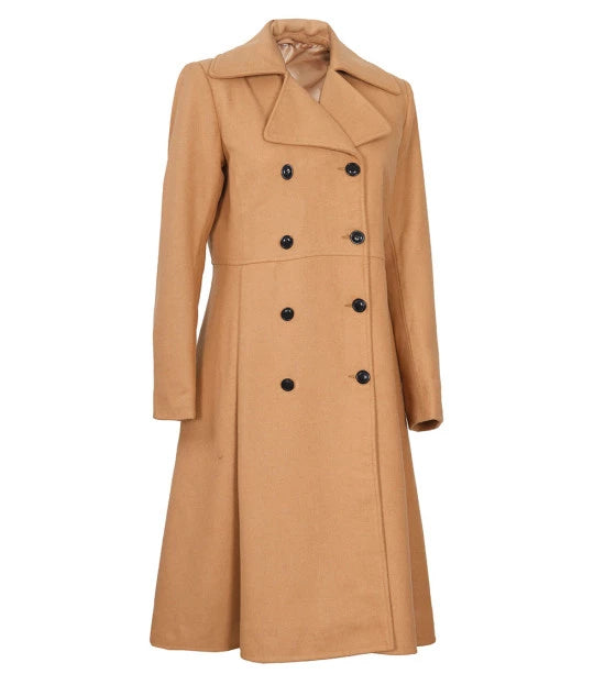 Women's Beige Double-Breasted Wool Overcoat