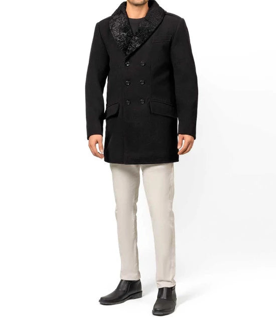 Brewer Mens Black Fur Collar Wool Coat