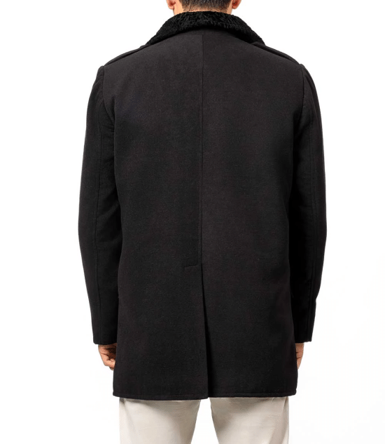 Brewer Mens Black Fur Collar Wool Coat