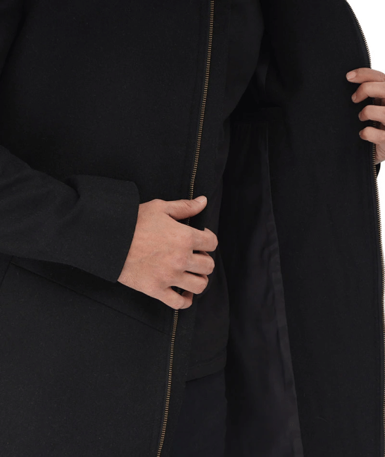 Men's Black Modern Fit Wool Hooded Coat with Zip Closure