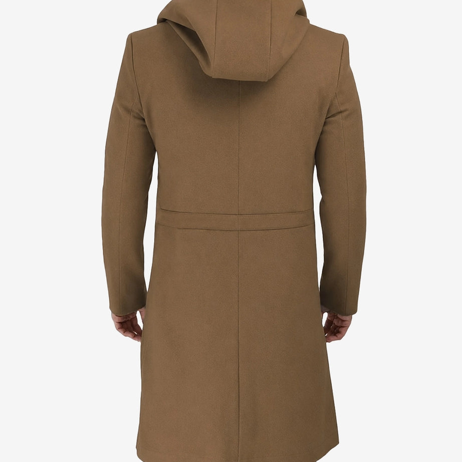 Men’s Camel Hooded Wool Coat - Zip-Up Winter Warmth