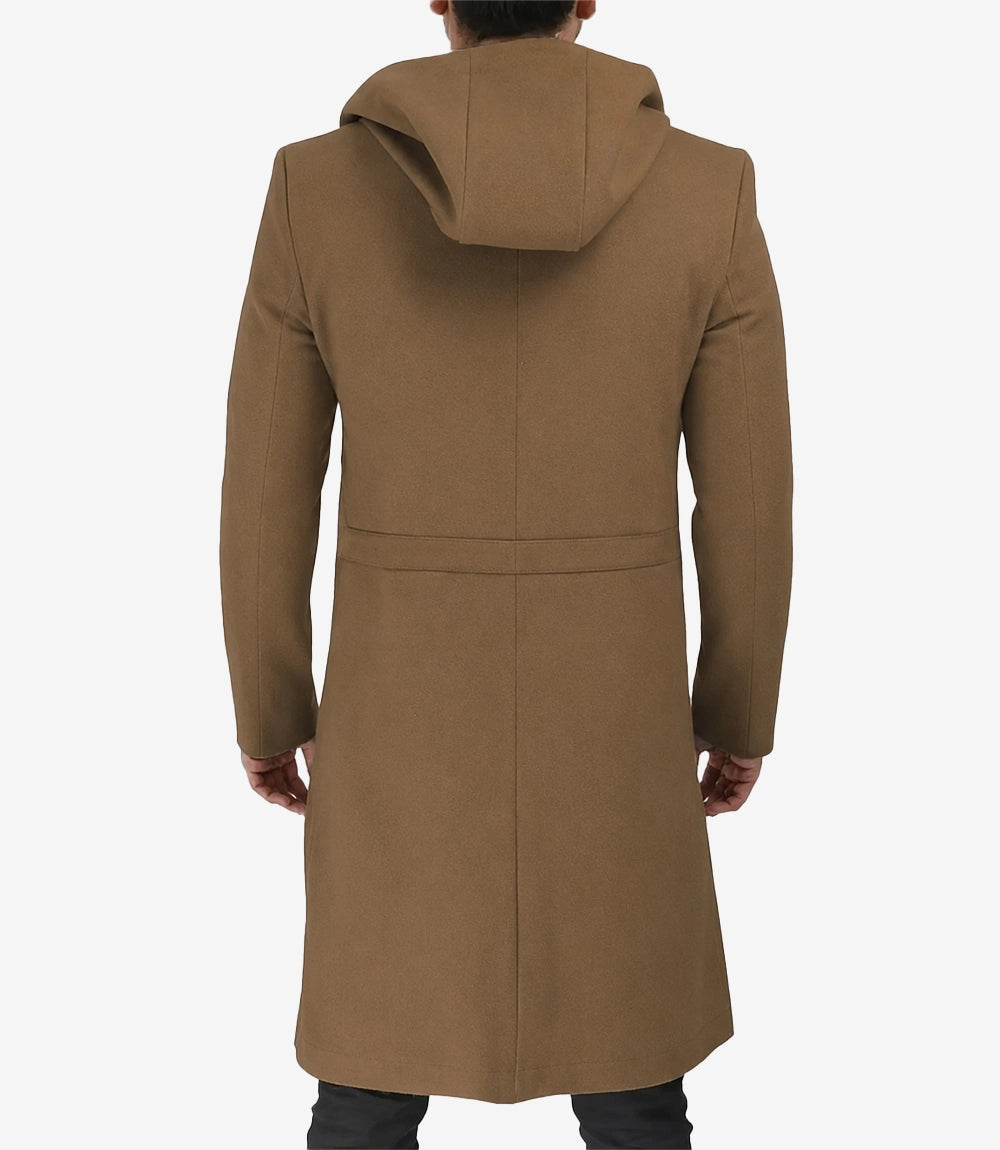 Men’s Camel Hooded Wool Coat - Zip-Up Winter Warmth