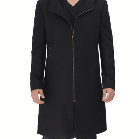 Men's Black Modern Fit Wool Hooded Coat with Zip Closure