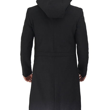 Men's Black Modern Fit Wool Hooded Coat with Zip Closure