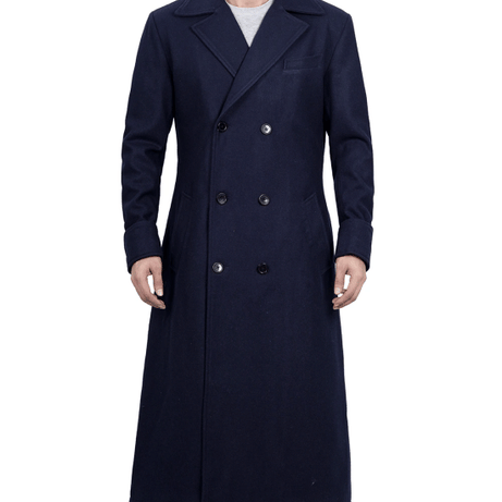 Aaron Men's Blue Double Breasted Long Wool Coat