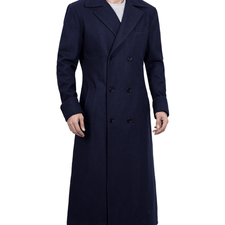 Aaron Men's Blue Double Breasted Long Wool Coat