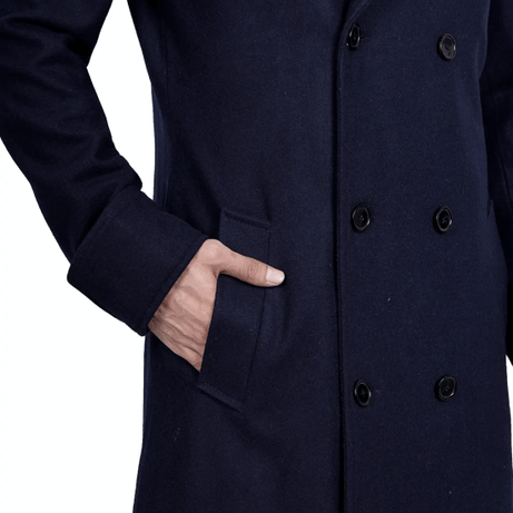 Aaron Men's Blue Double Breasted Long Wool Coat
