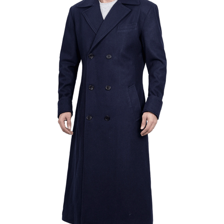 Aaron Men's Blue Double Breasted Long Wool Coat