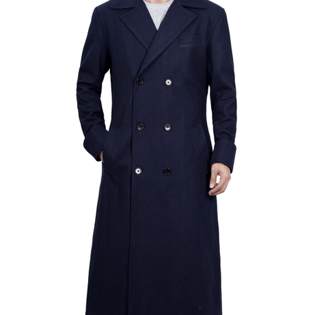 Aaron Men's Blue Double Breasted Long Wool Coat