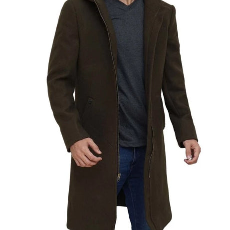 Mens Olive Green Long Wool Coat with Attached Hood