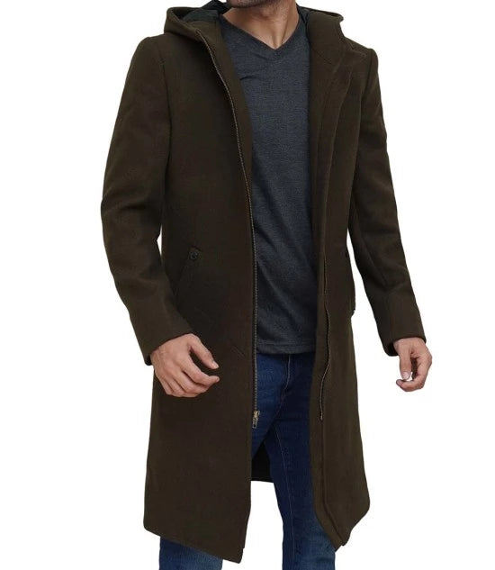 Mens Olive Green Long Wool Coat with Attached Hood