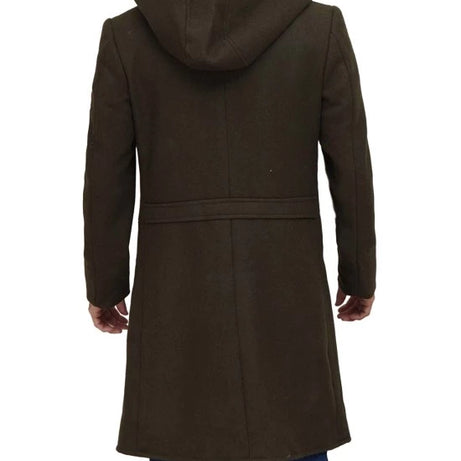 Mens Olive Green Long Wool Coat with Attached Hood