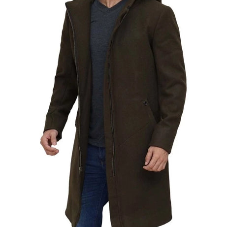 Mens Olive Green Long Wool Coat with Attached Hood