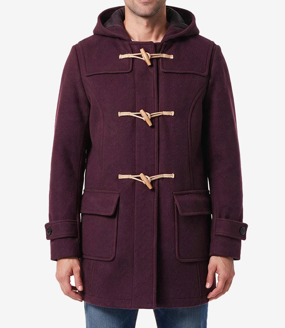 Men’s Burgundy Hooded Duffle Wool Coat