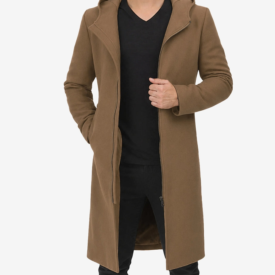 Men’s Camel Hooded Wool Coat - Zip-Up Winter Warmth