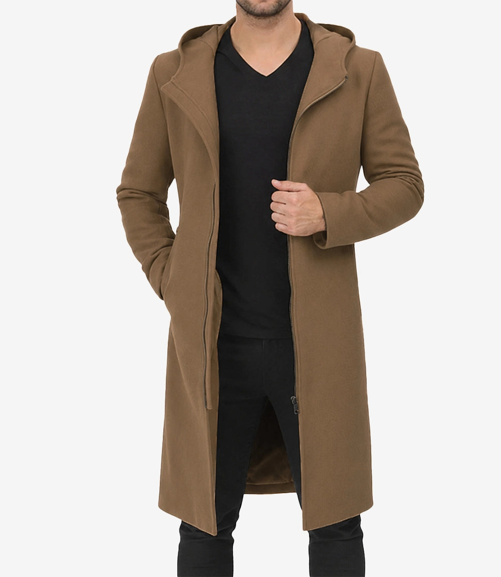 Men’s Camel Hooded Wool Coat - Zip-Up Winter Warmth