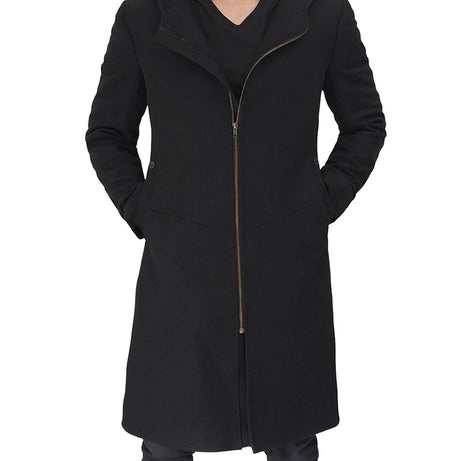 Men's Black Modern Fit Wool Hooded Coat with Zip Closure