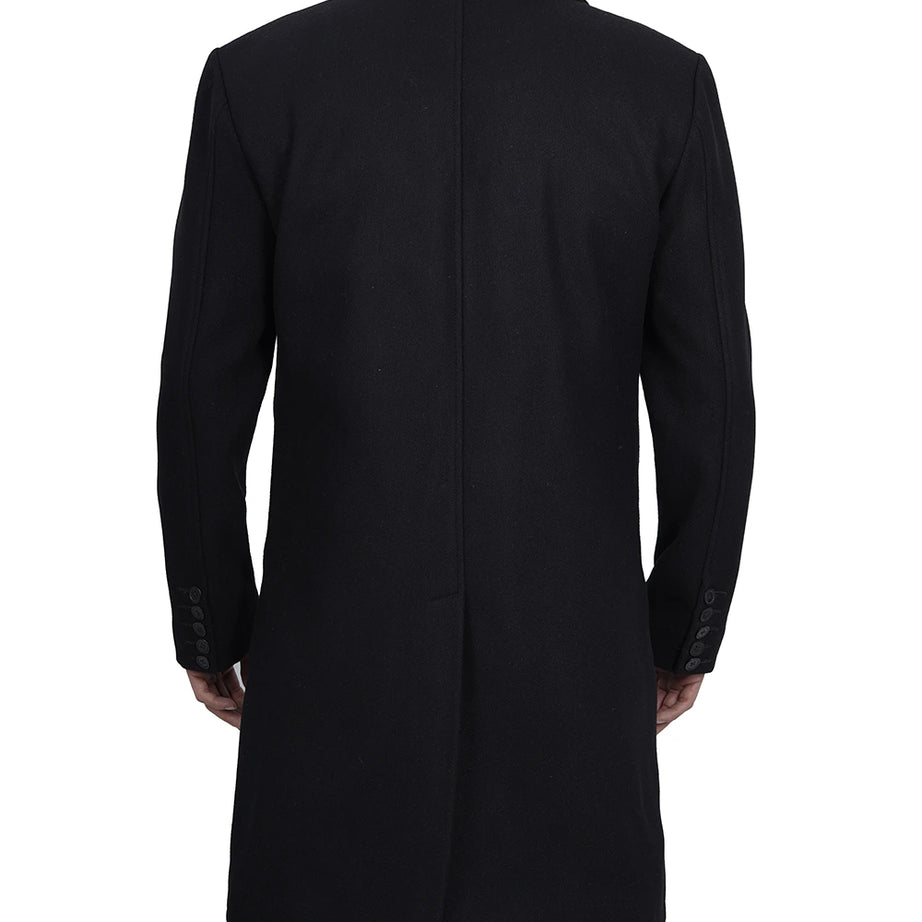 Mens Modern Fit Long Length Wool Black Topcoat