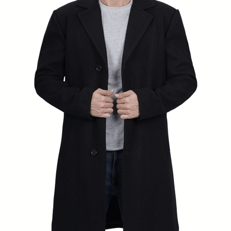 Mens Modern Fit Long Length Wool Black Topcoat
