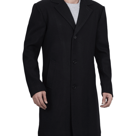 Mens Modern Fit Long Length Wool Black Topcoat