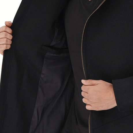 Men's Black Modern Fit Wool Hooded Coat with Zip Closure