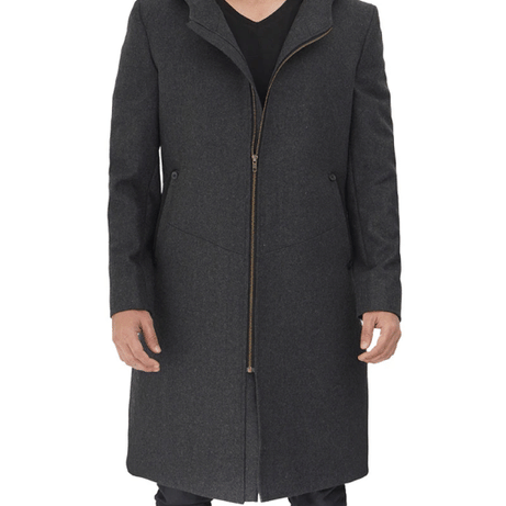 Barry Modern Fit Mens Grey Wool Coat with Hood - Long Winter Outerwear