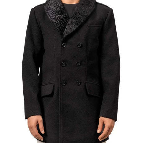Brewer Mens Black Fur Collar Wool Coat