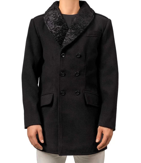 Brewer Mens Black Fur Collar Wool Coat