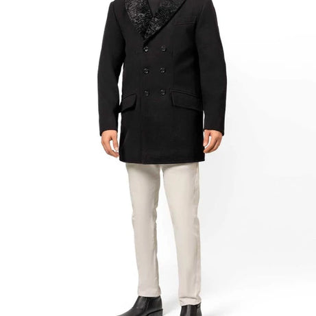 Brewer Mens Black Fur Collar Wool Coat