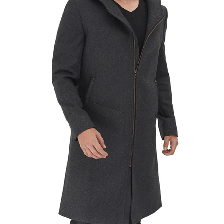 Barry Modern Fit Mens Grey Wool Coat with Hood - Long Winter Outerwear