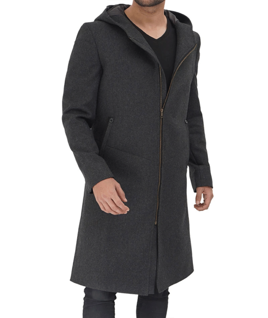 Barry Modern Fit Mens Grey Wool Coat with Hood - Long Winter Outerwear