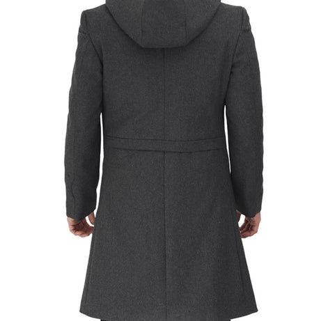 Barry Modern Fit Mens Grey Wool Coat with Hood - Long Winter Outerwear