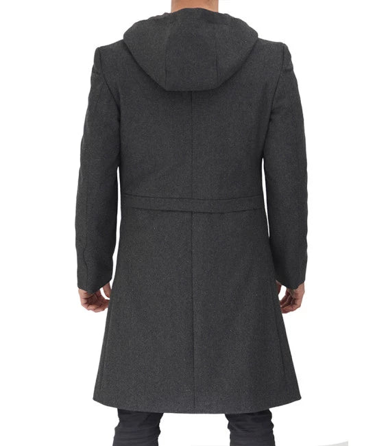 Barry Modern Fit Mens Grey Wool Coat with Hood - Long Winter Outerwear