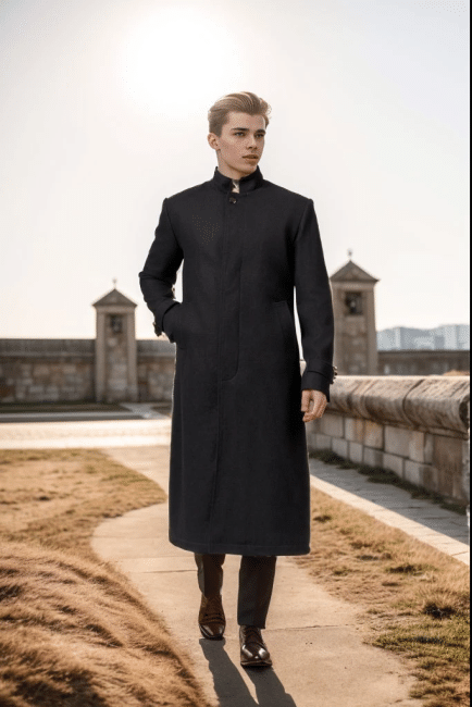 McGhee Mens Black Long Wool Overcoat