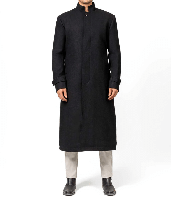 McGhee Mens Black Long Wool Overcoat
