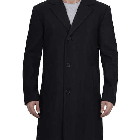 Mens Modern Fit Long Length Wool Black Topcoat