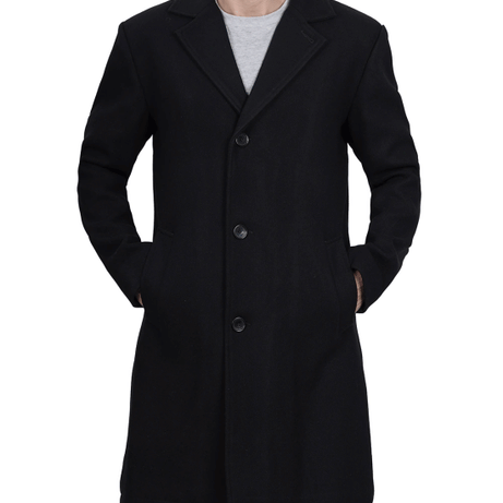 Mens Modern Fit Long Length Wool Black Topcoat