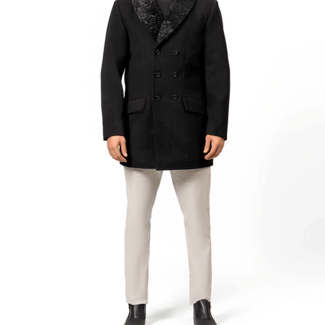 Brewer Mens Black Fur Collar Wool Coat