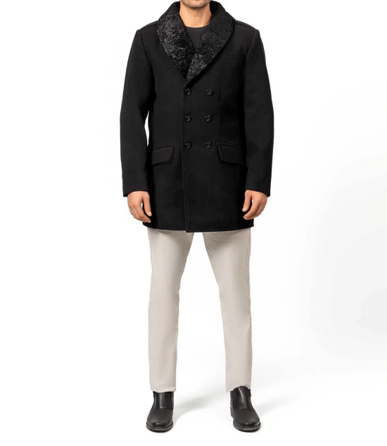 Brewer Mens Black Fur Collar Wool Coat