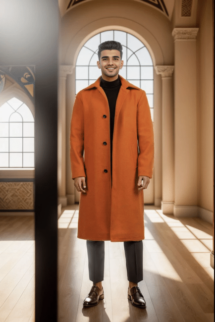 Ferdinand Mens Rust Long Wool Overcoat