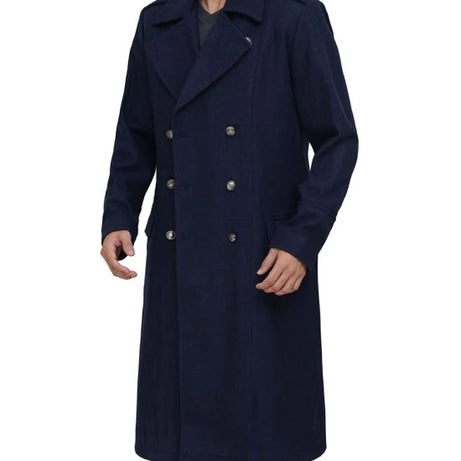 Navy Blue Men's Wool Overcoat - Military Long Coat